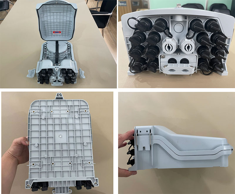 Caja de distribución de fibra impermeable para exteriores de 16 núcleos para montaje en pared con divisor micro PLC