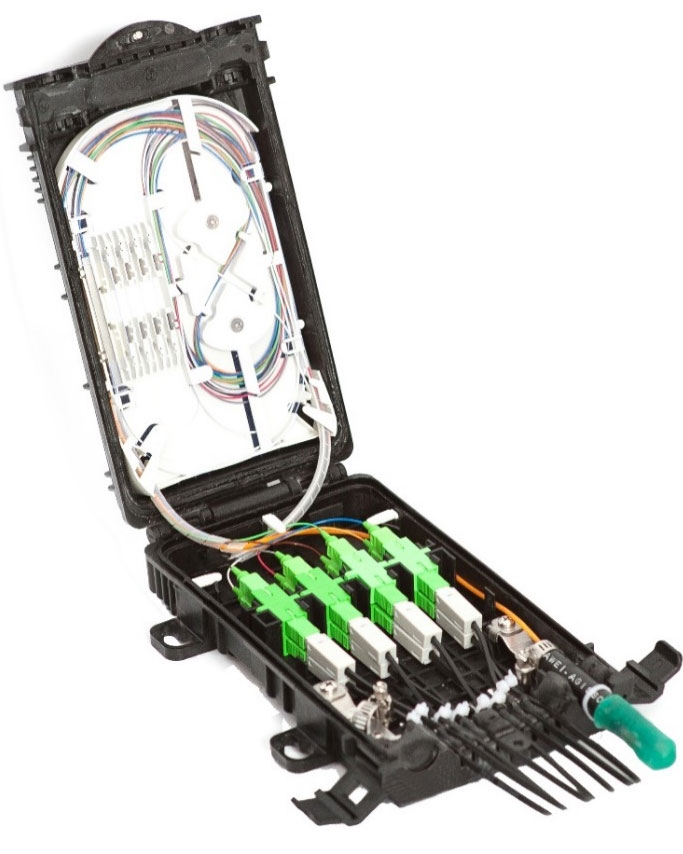 Caja divisora de distribución de fibra ONT montada en la pared impermeable de 8 puertos para empalme de cables de alimentación de cables de bajada FTTH