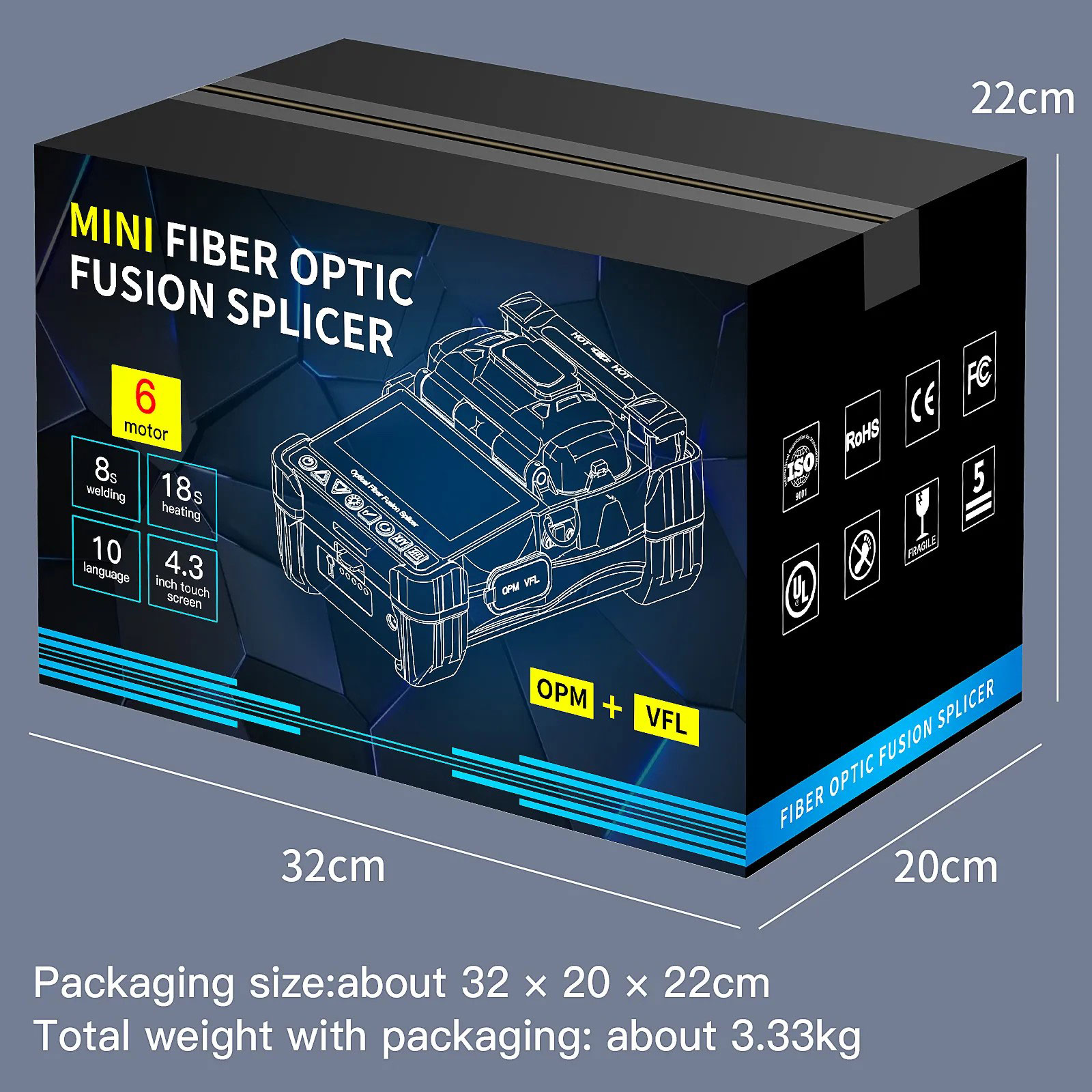 AUA-15F Mini empalmador de fusión de fibra 6 motores de alineación de núcleo pantalla táctil OPM VFL 10 idiomas 5000mAh para red FTTH