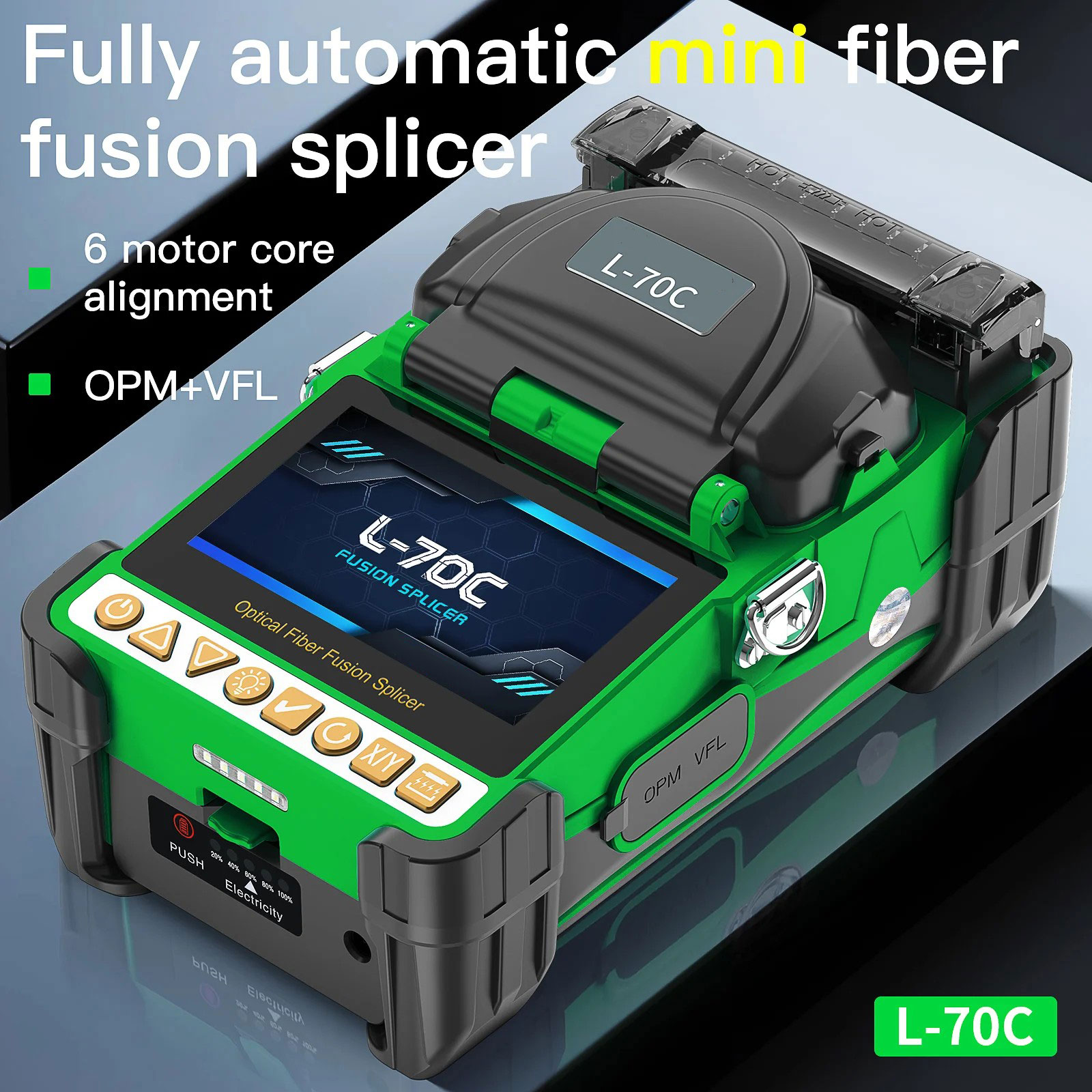 L-70C Mini máquina de empalme de fibra óptica Empalmadora de fusión de alineación de núcleo de seis motores Pantalla táctil HD de 4,3 pulgadas Accesorio OPM VFL 3 en 1 incorporado 10 idiomas Batería de 5000 mAh