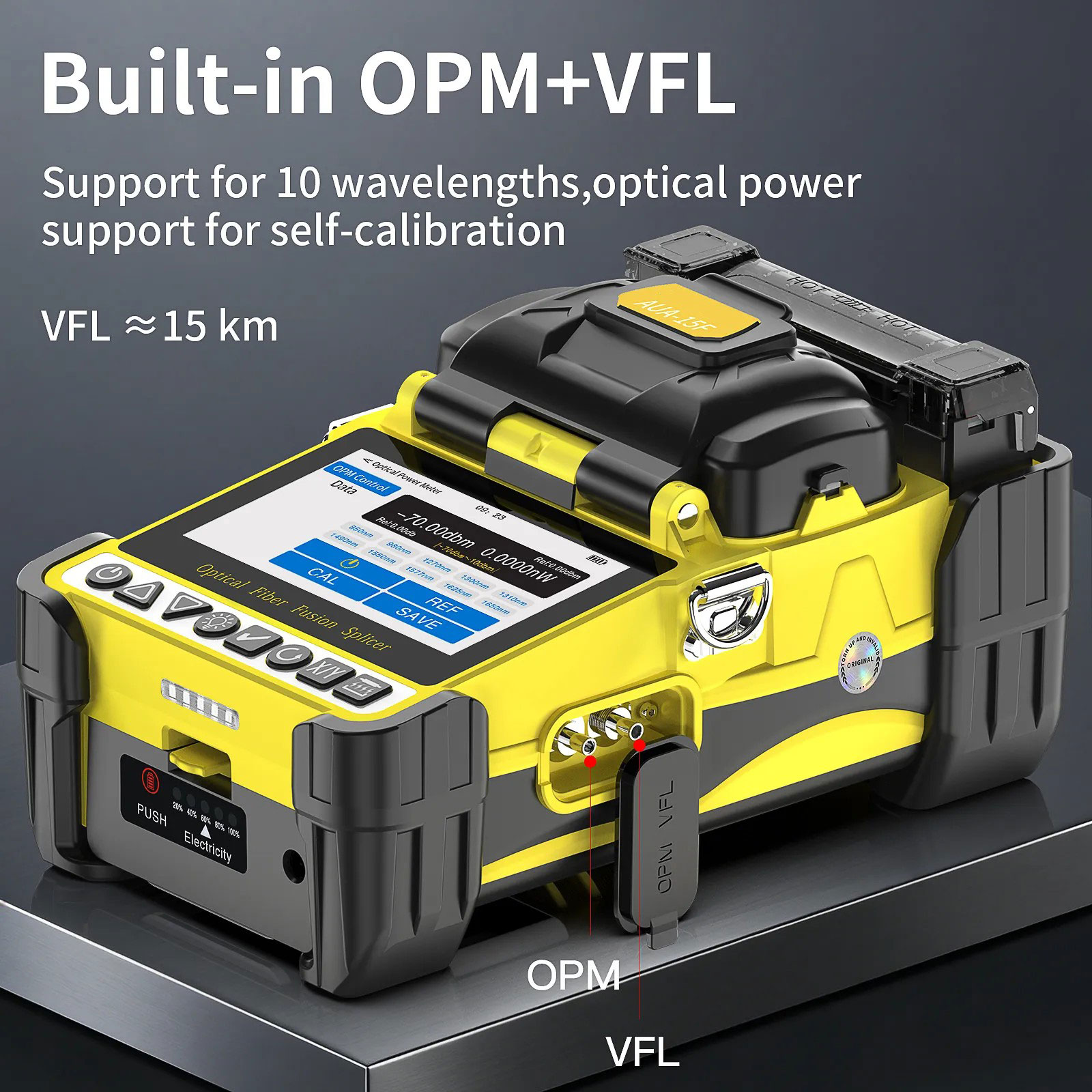 AUA-15F Mini empalmador de fusión de fibra 6 motores de alineación de núcleo pantalla táctil OPM VFL 10 idiomas 5000mAh para red FTTH 