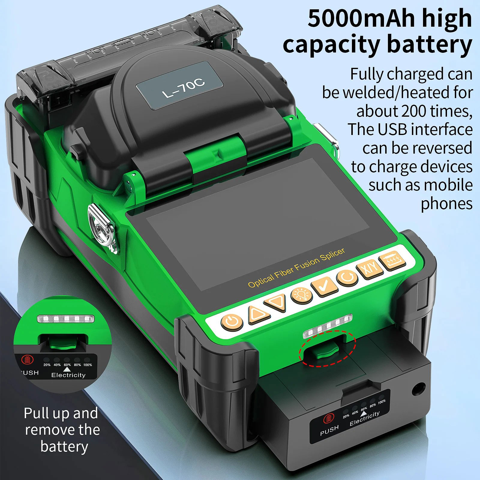 L-70C Mini máquina de empalme de fibra óptica Empalmadora de fusión de alineación de núcleo de seis motores Pantalla táctil HD de 4,3 pulgadas Accesorio OPM VFL 3 en 1 incorporado 10 idiomas Batería de 5000 mAh