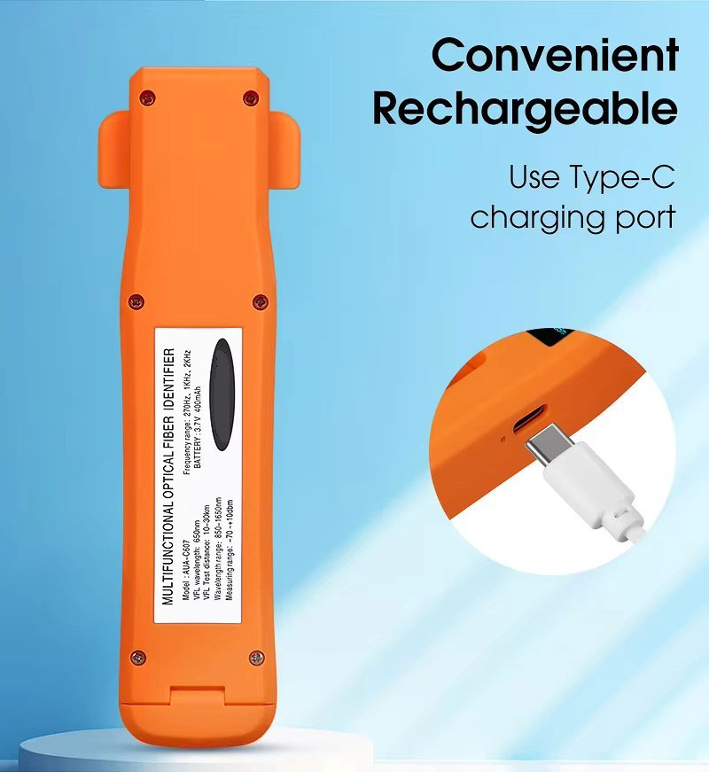 MINI tipo de carga Detector en vivo identificador OFI + OPM + 30mw VFL + LED 4 en 1 probador de fibra SM MM identificador de fibra óptica naranja 